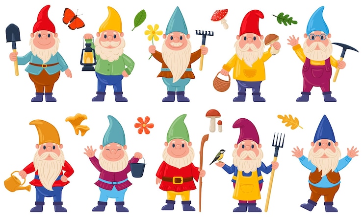 Vector cartoon fairy gnomes cute little dwarf characters funny garden decoration gnomes vector illustration set adorable gnomes in red hats