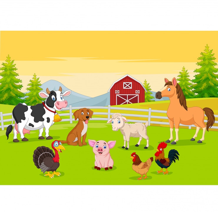 Vector cartoon farm animals in the farming background