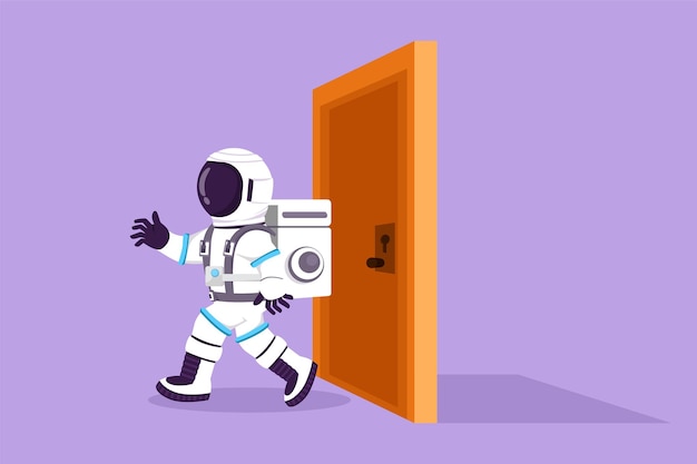 cartoon flat drawing of young astronaut walking and leaving closed door in moon surface career growth or vision in new market metaphor cosmic galaxy space concept graphic design vector illustration