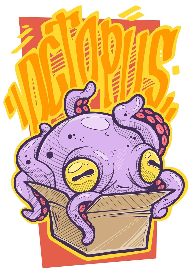 Vector cartoon funny spooky alien violet octopus with tentacles, cute eyes sitting in paper box. halloween vector on white background.