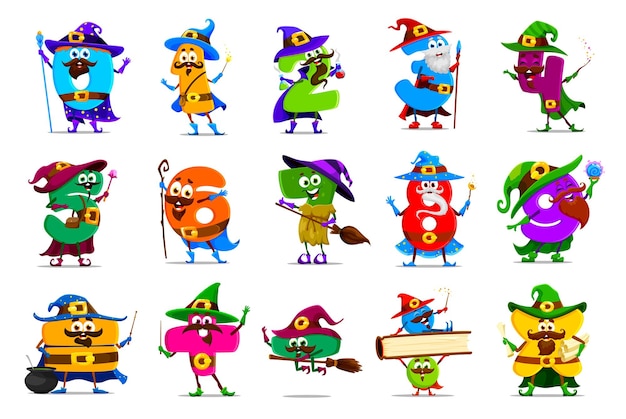 Cartoon Halloween math number wizard and mages