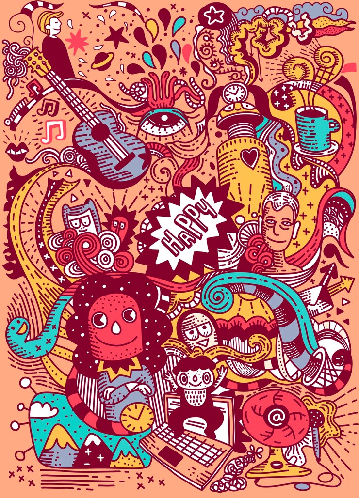 Vector cartoon  hand drawn doodles holiday poster template. very detailed, with lots of objects illustration. funny artwork. corporate identity design.