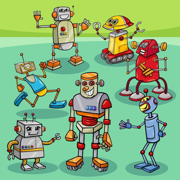 cartoon happy robots and droids characters group