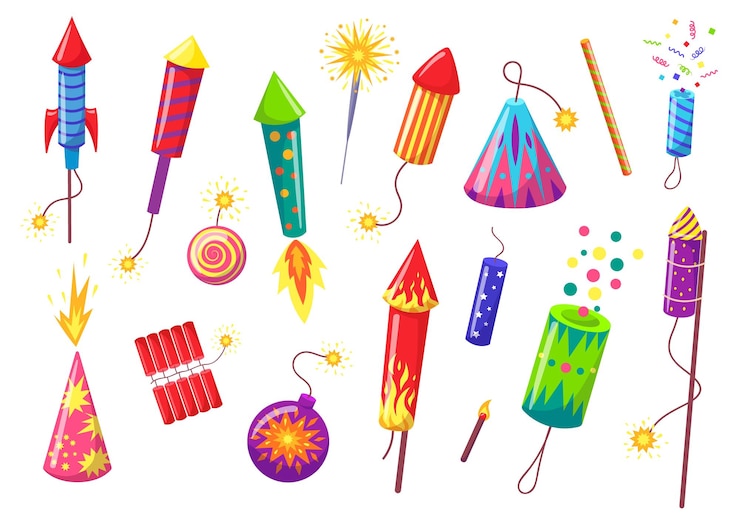 Vector cartoon holiday pyrotechnics festive petards pyrotechnic fireworks rockets and firecrackers holiday decorative bombs vector set