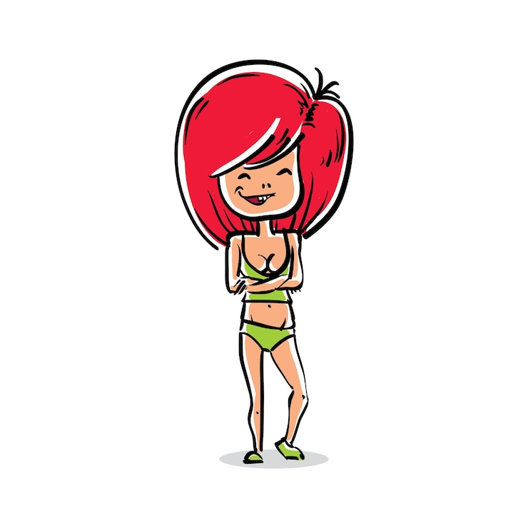 Vector cartoon illustration of caucasian type woman, attractive red-head happy lady with stylish haircut isolated on white background.