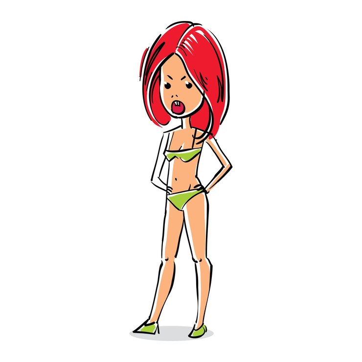Vector cartoon illustration of caucasian type woman, furious shouting red-head lady with stylish haircut isolated on white background.