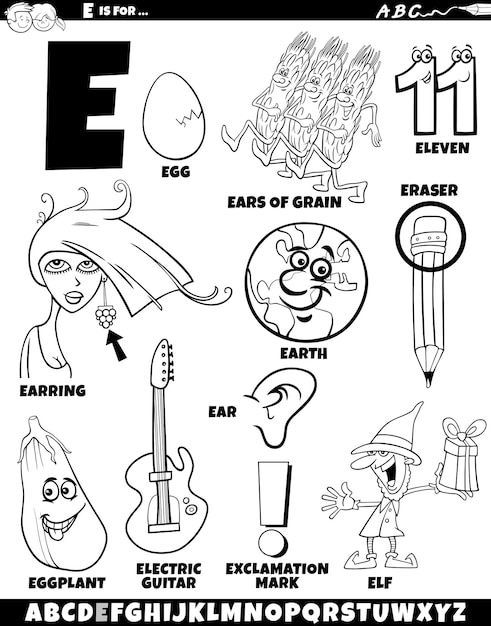 Cartoon illustration of objects and characters set for letter E coloring page