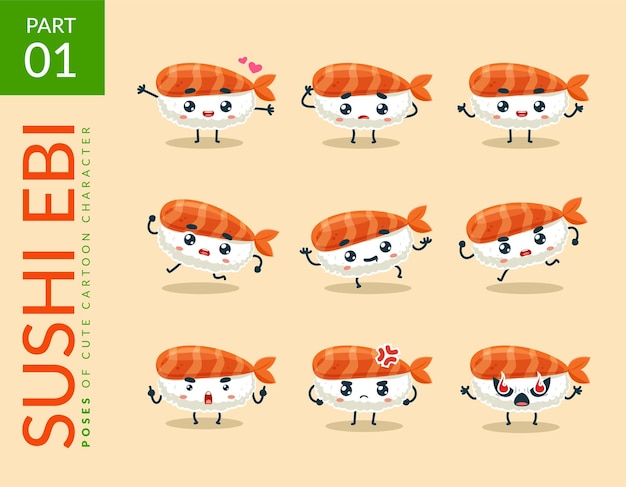 Cartoon images of Ebi Sushi. set.