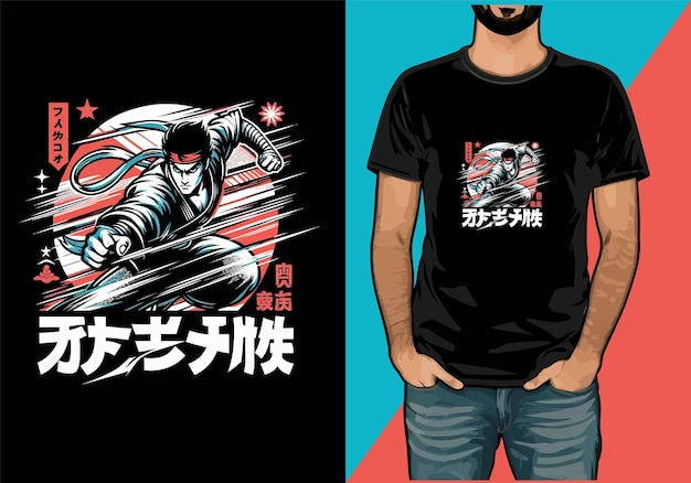 cartoon Japanese Martial art action vector tshirt design