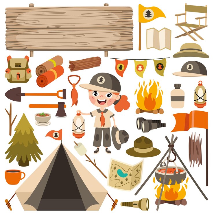 Vector cartoon kid with scouting equipments