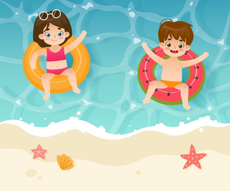 Cartoon kids swim in the sea on inflatable ring Summertime children vacation on the sea coast