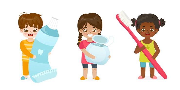 Cartoon kids with big dental toiletries Cute children with toothbrush tooth paste and dental floss