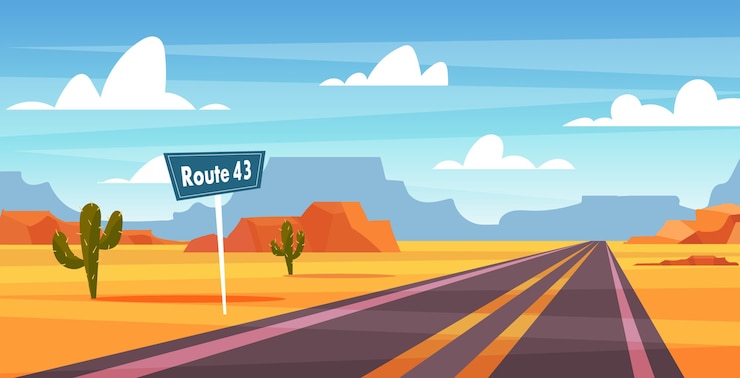 Vector cartoon landscape, road through the nevada desert