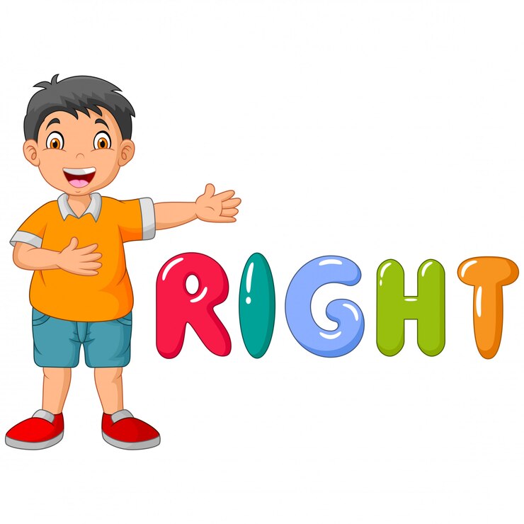 Cartoon little boy pointing to his right with the right word