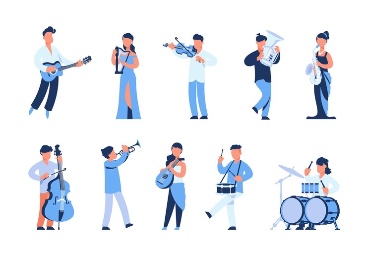 Vector cartoon musicians. men and women playing musical instruments, street musicians and orchestra members