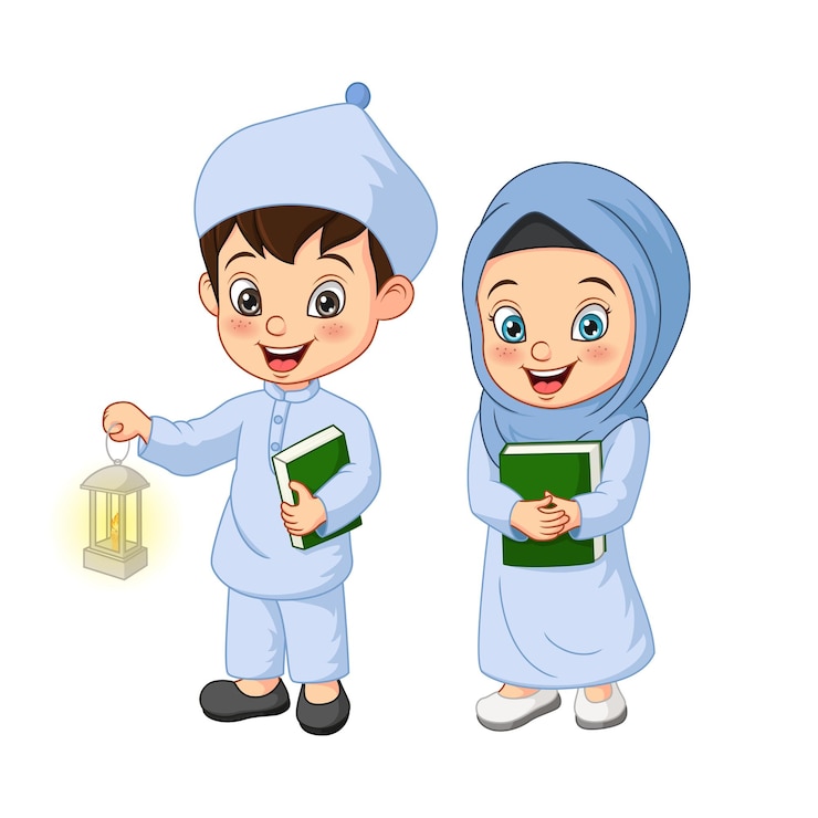 Vector cartoon muslim kid holding quran book with ramadan lantern