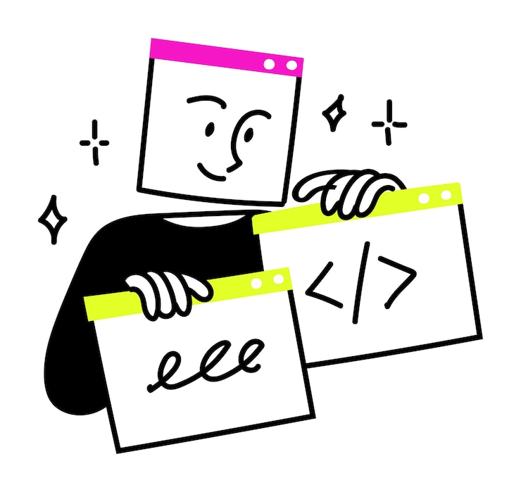 Vector cartoon of a joyful programmer holding coding symbols depicting enthusiasm for software development
