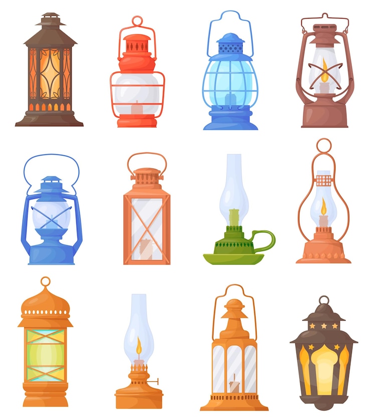 Vector cartoon oil lanterns camping lantern or old kerosene gas lamp with holder for garden romantic night light camp travelling retro lighting game icon vector illustration of equipment lamp and lantern