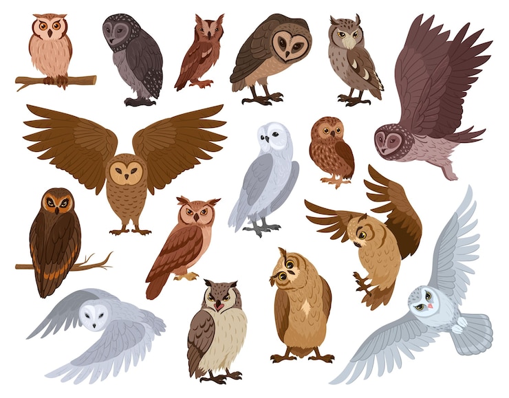 Vector cartoon owl birds woods wildlife birds brown and snowy owls forest wild predator birds species flat vector illustration set feathered owls collection