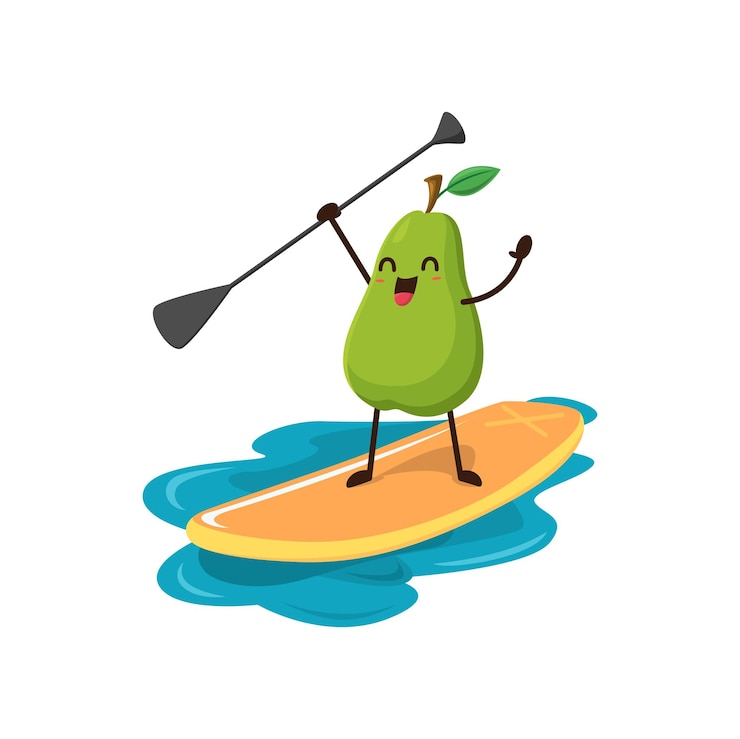 Vector cartoon pear fruit character float on sup board