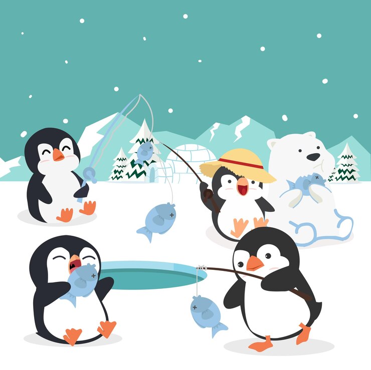 Cartoon penguin fisherman caught fish