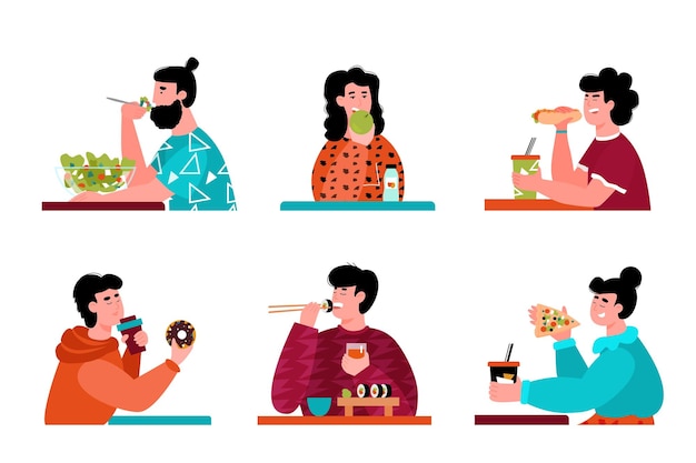 Cartoon people eating  set of men and women with fast food or healthy meal