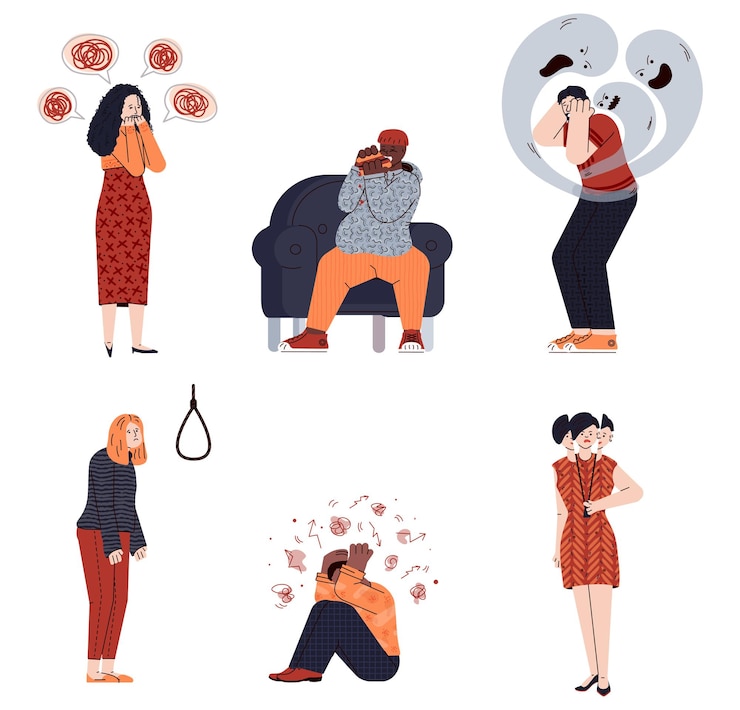 Vector cartoon people with mental illness  depression phobia anxiety