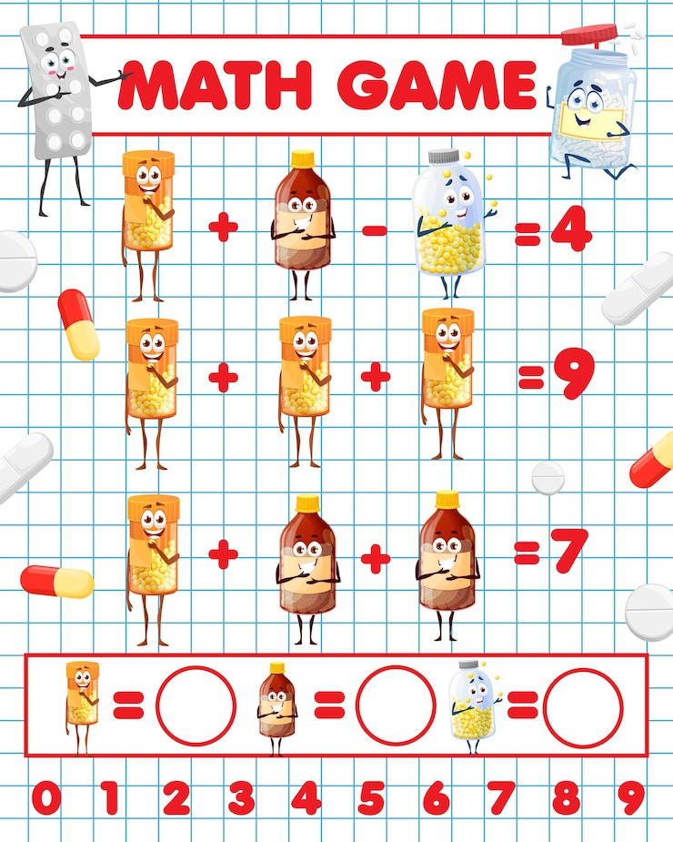 Vector cartoon pills and capsule characters math game