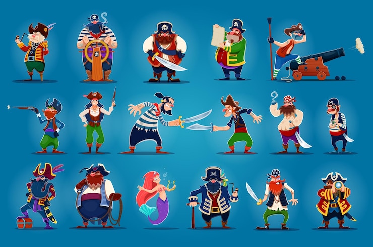 Vector cartoon pirate captains mermaid corsair sailors