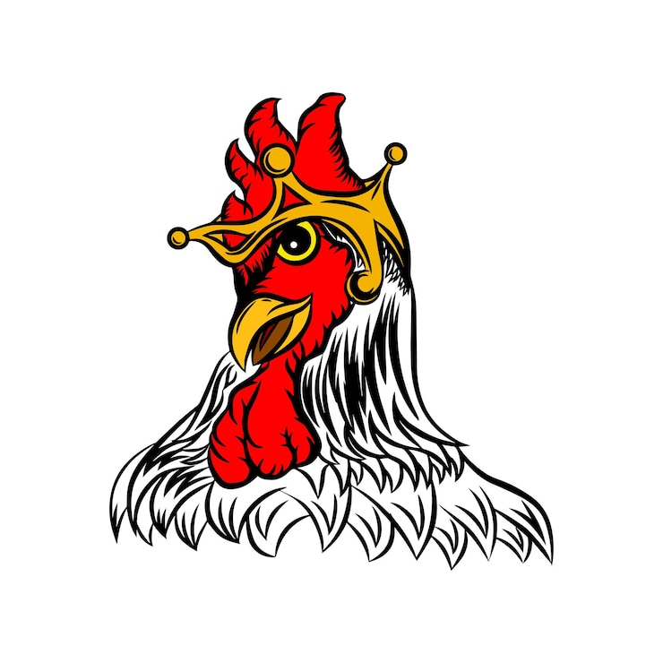 Vector cartoon rooster head vector design looking intently smiling wearing a crown