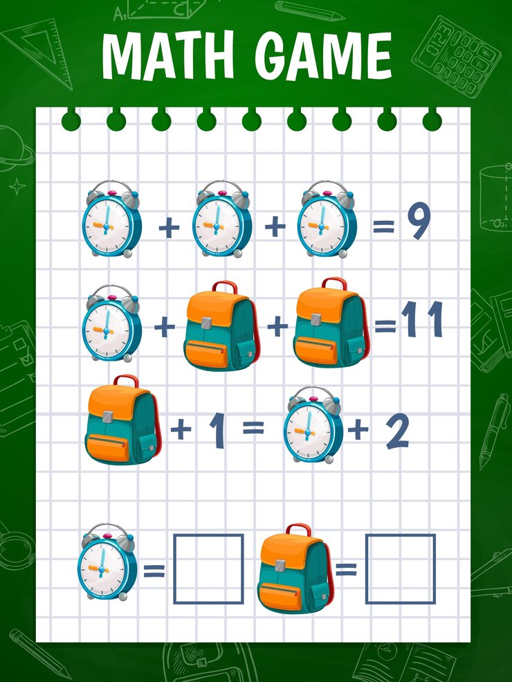 Vector cartoon schoolbag and alarm clock in math game