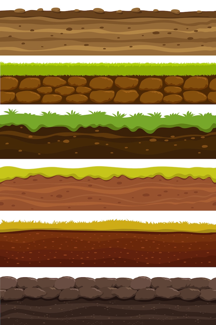 Vector cartoon seamless grounds. wide landscape ground. land and soil for ui game collection