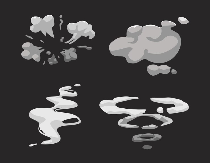 Vector cartoon smoke and fog clouds, comic boom steaming effect, white aroma or toxic steaming vapour, dust steam design elements, flow mist or smoky chemical steam isolated on black background. vector set