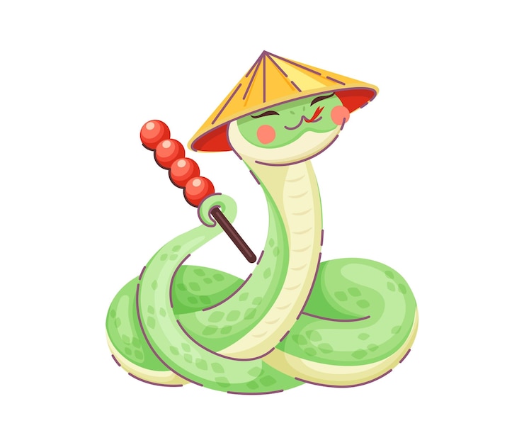 Vector cartoon snake character in traditional conical hat