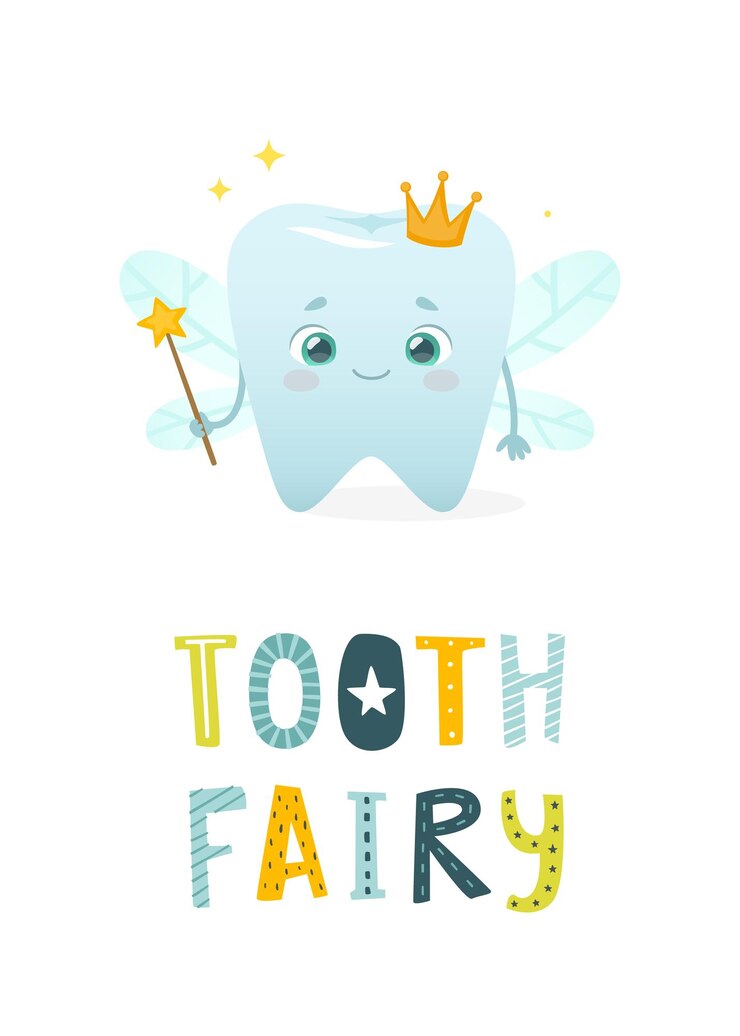 Cartoon tooth fairy poster Cute dentistry mascot Dental banner for kids with tooth