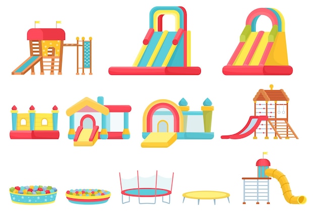 Cartoon trampolines. Children play room elements, inflatable castles and slides, game house and soft ball pool. Indoor playground vector set