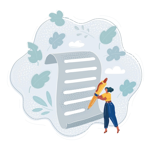 cartoon vector illustration of picture of happy woman with big pen and big paper