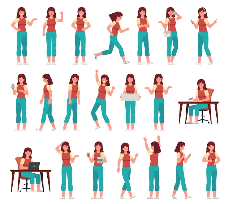 Vector cartoon woman in casual outfit. young female character in different poses. student with various gestures, face expression vector set. studying with laptop, talking on smartphone, holding textbooks