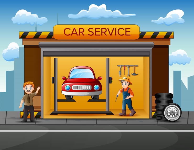 Vector cartoon workshop with mechanic crew repairing a car