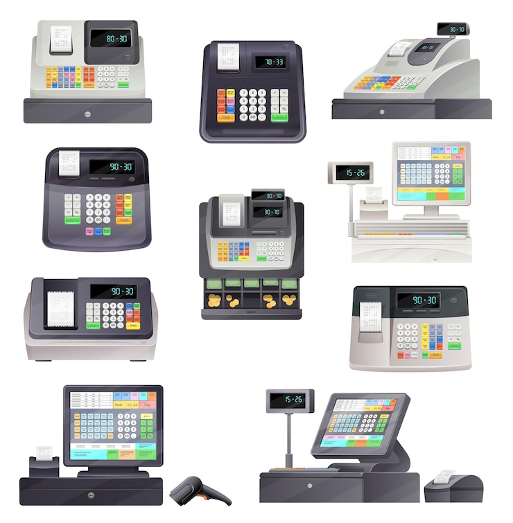 Vector cash register checkout counter with scanner
