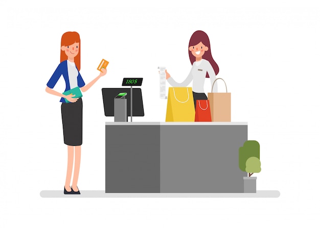 Cashier accepting payment for purchase with a card and Customer service operation.