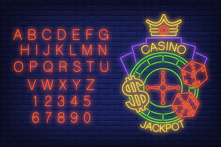 Vector casino jackpot neon sign. glowing neon bar alphabet and numbers