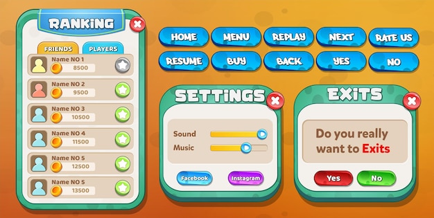 casual cartoon kids game ui ranking, settings and exits menu pop up with stars buttons