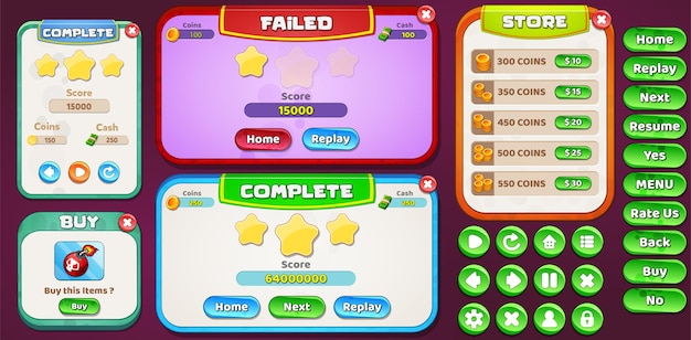 Casual game ui kit complete with popups menus and game assets
