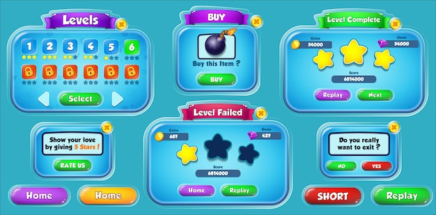 Casual game ui kit complete with popups menus and game assets
