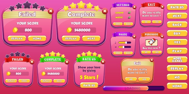 casual game ui kit menus pop up screens and game elements
