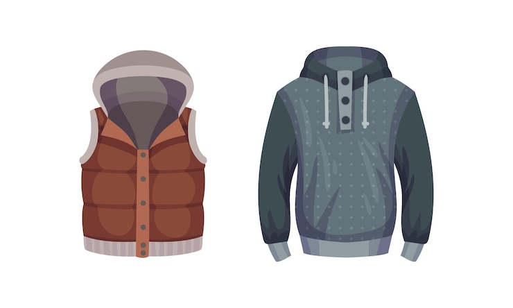 Vector casual outfit for men set stylish fashionable puffer vest and hoodie vector illustration