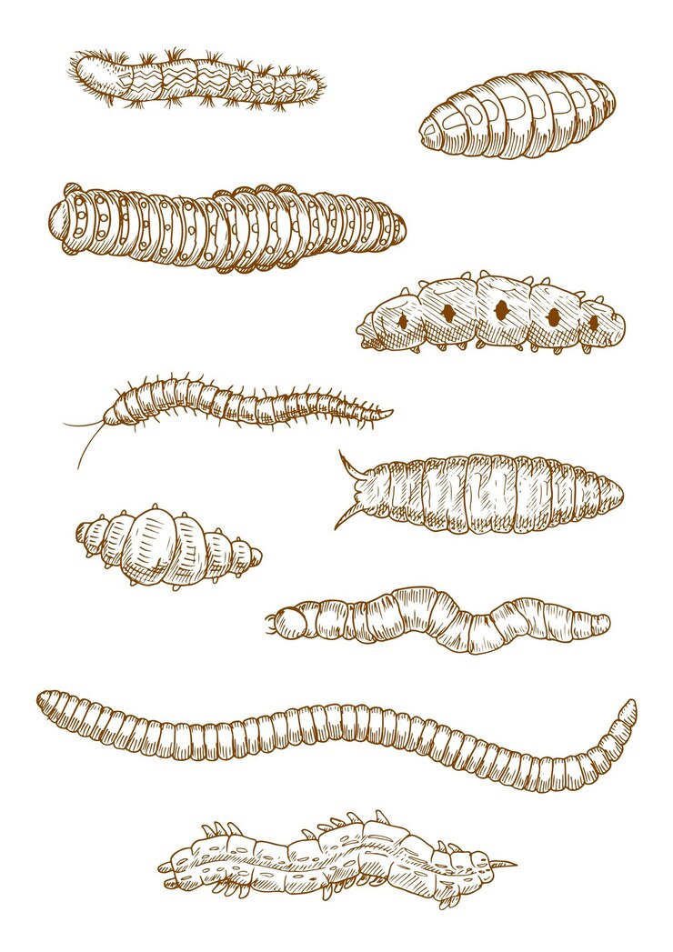 Vector caterpillars worms and larvae sketches