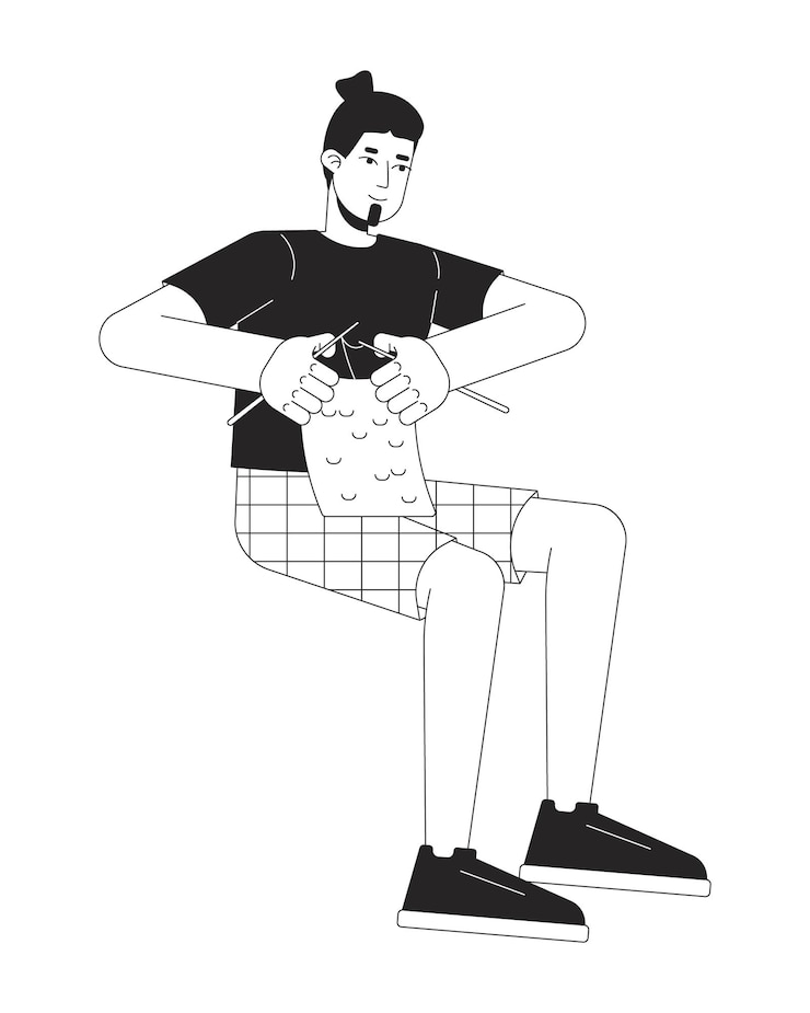 Vector caucasian man knitting black and white 2d line cartoon character