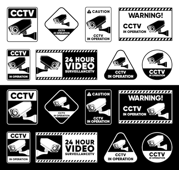 Vector cctv tetap koleksi tanda cctv pengawasan video sederhana konsep kamera keamanan televisi sirkuit tertutup ilustrasi vektor